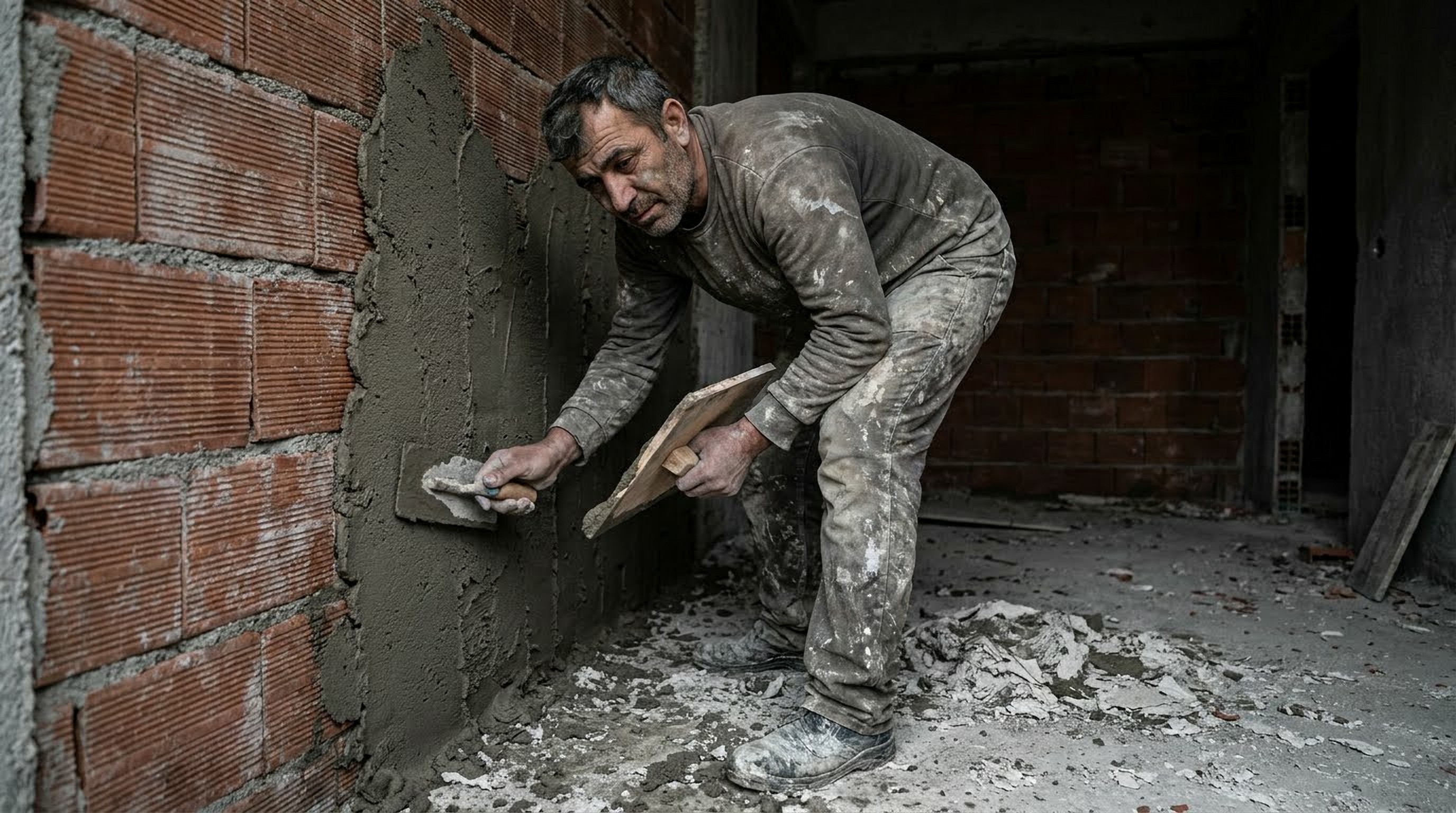 müteahhit karlılık oranları - Geleneksel duvar sıvası yapan yorgun usta ve verimsiz şantiye